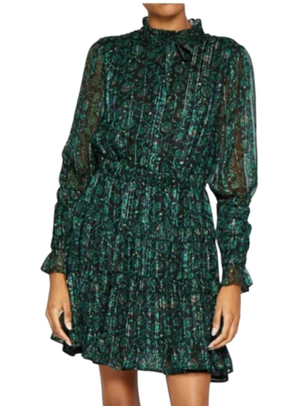 Walter Baker Tezza Green Black Metallic Long Sleeve Tie Neck Dress Forest Tulip